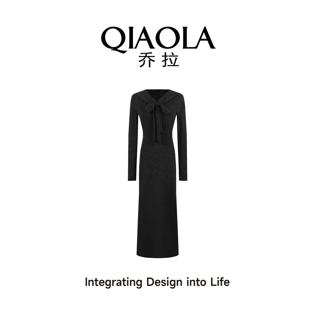 QIAOLA/乔拉【自由简意】早春新款针织V领披肩A版洋气连衣裙预售
