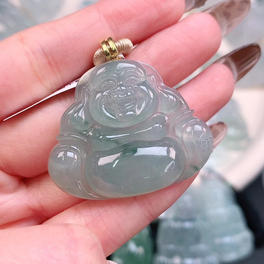 翡翠颈饰18K金镶嵌飘花佛32，38.7、7