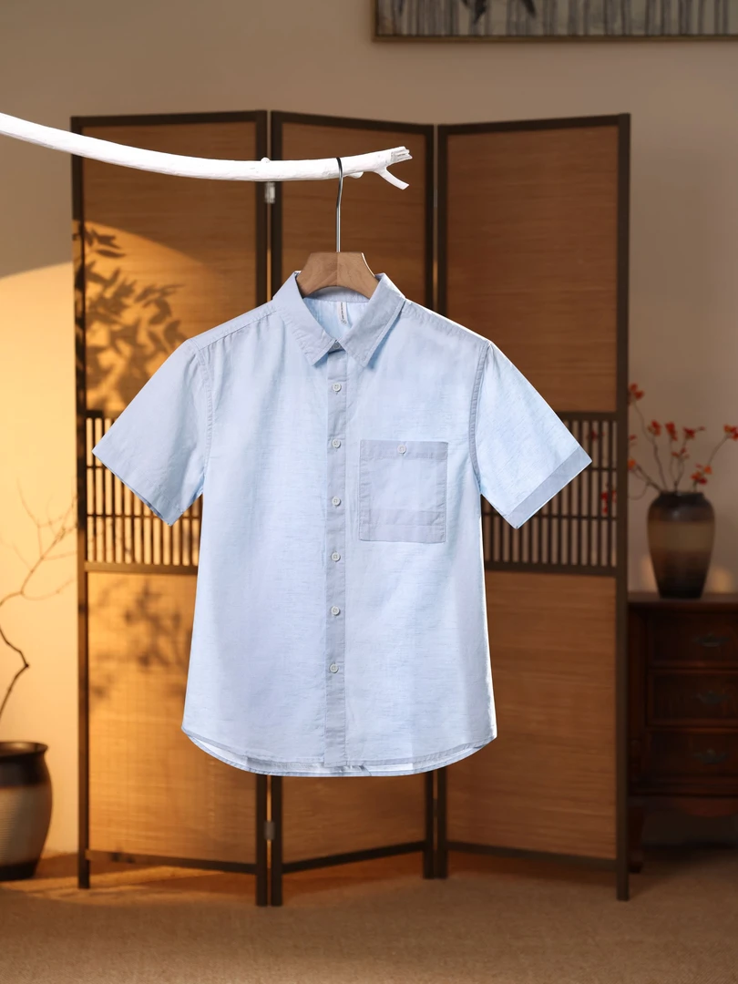 Y1249清新棉麻衬衫男天然汉麻透气男生纯色薄款方领休闲短袖衬衣