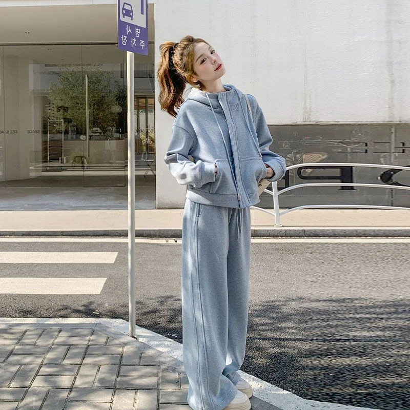 蓝色超好看连帽卫衣套装女2025春新款小个子休闲运