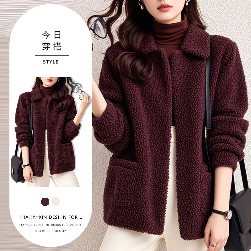 安格拉红摇粒绒夹克外套春秋穿搭女2025新款气质加厚保暖长袖上衣