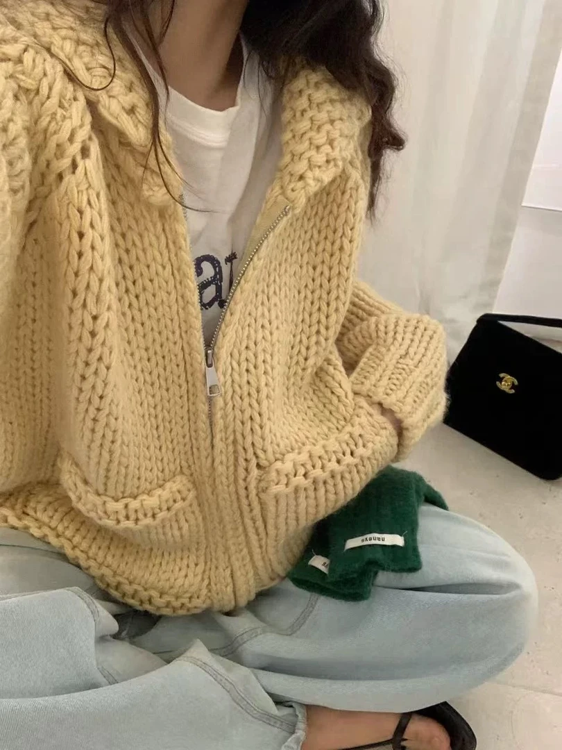 韩系慵懒风粗线针织开衫翻领2025新款秋冬毛衣口袋外套宽松加厚女