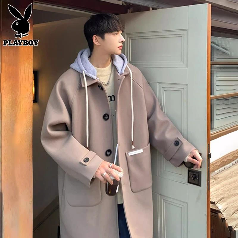花花公子中长款毛呢大衣男士冬季连帽风衣潮流韩版加厚呢子外套男