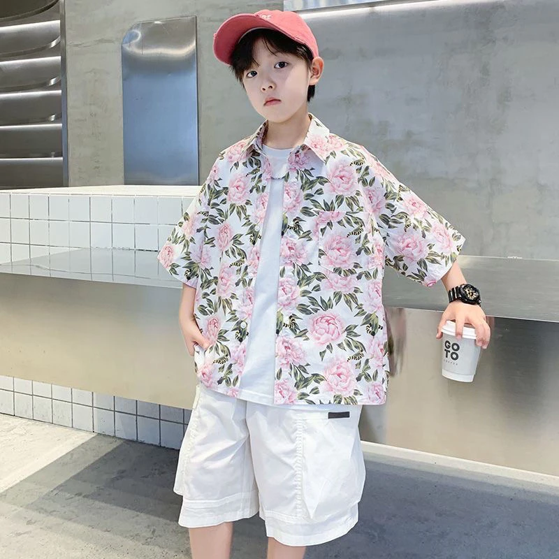 男童衬衫短袖海边度假风儿童衬衣外套夏装2025新款女童碎花衣服潮