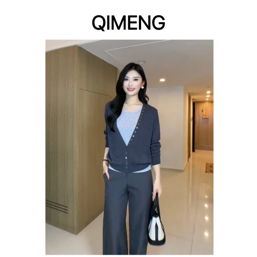 QIMENG绮梦2025女宽松型长袖针织常规款毛针织衫短款女装衫开衫