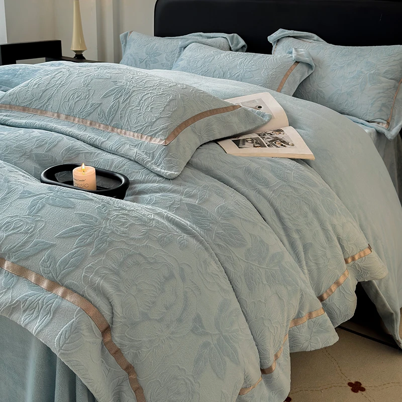 富安娜高端系列A类加厚保暖牛奶绒四件套冬季新款珊瑚绒被套床笠