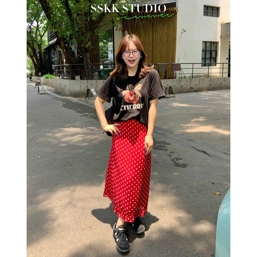 KMZY/KMZY山_山【夏日风情】微胖韩系夏季美式复古红色波点半身裙女