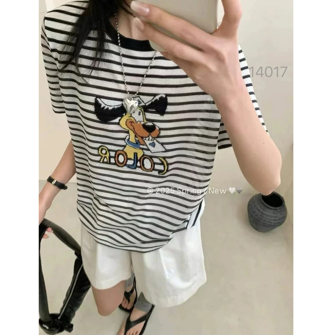 14017（部分无水洗唛，介意慎拍）WANGDAN新款小狗刺绣条纹短袖