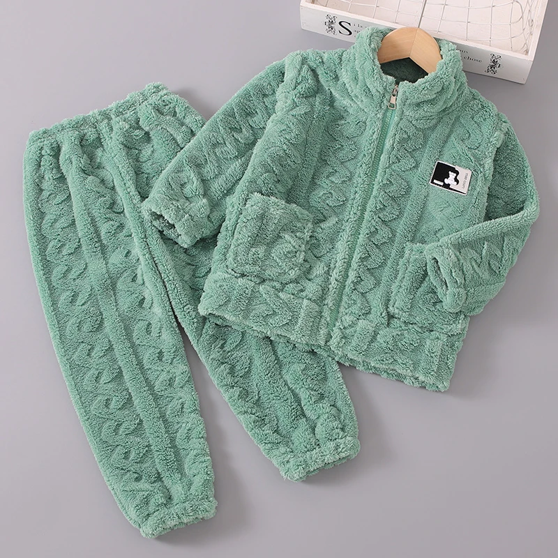 秋冬季加厚法兰绒睡衣儿童女童女孩款珊瑚绒套装男童宝宝家居服