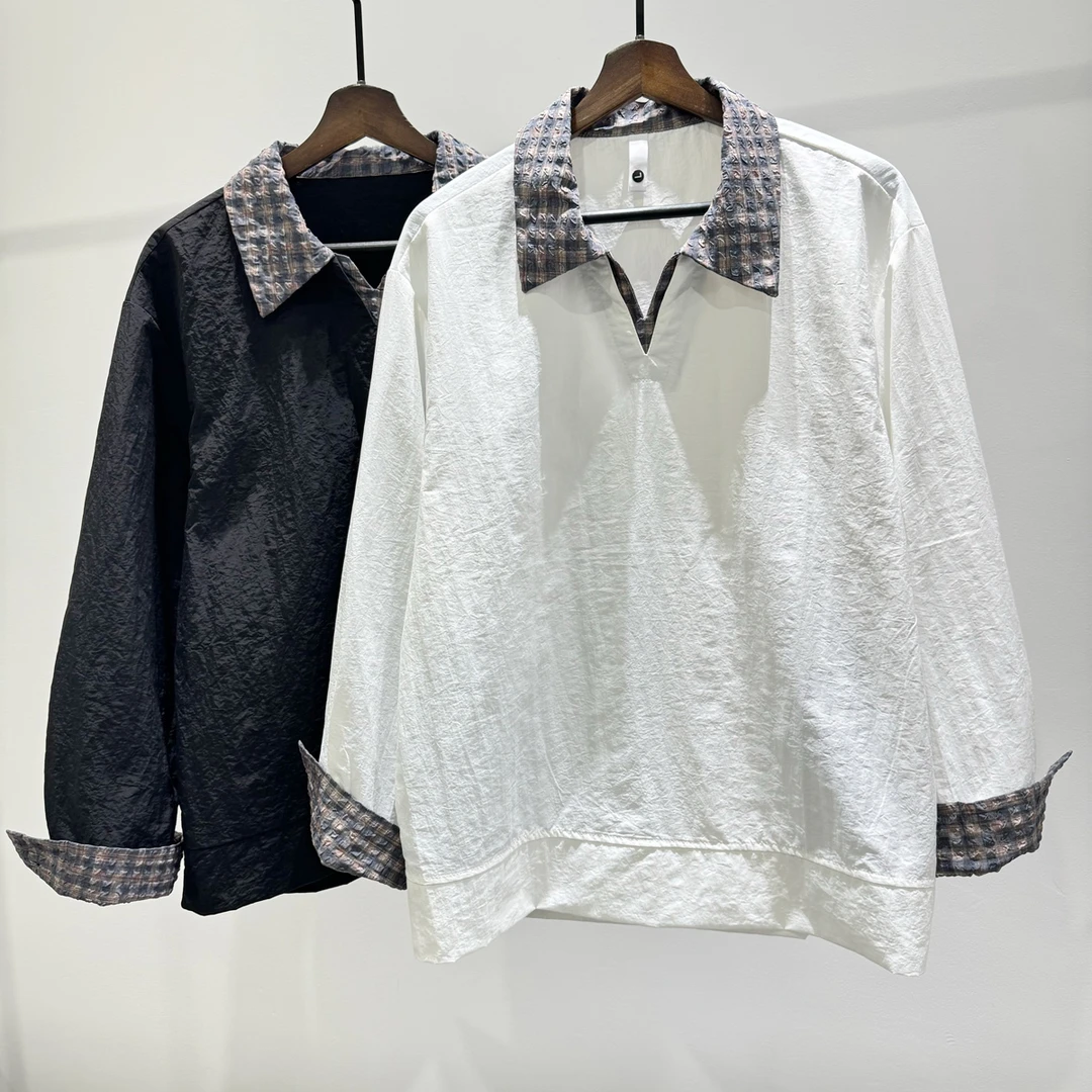 时尚个性撞色拼接百搭套头衬衣男士潮流休闲复古老钱方长袖上衣