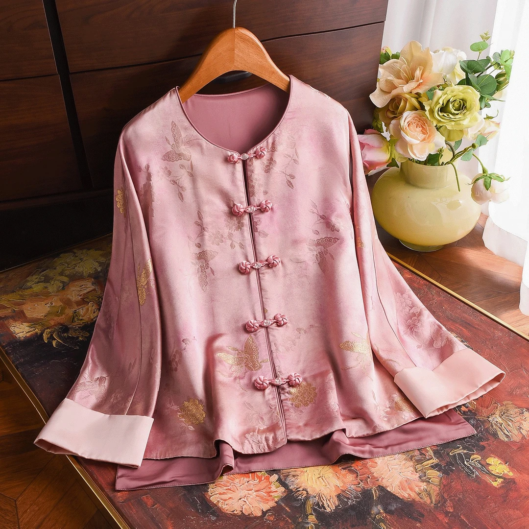 《繁花春序》100%桑蚕丝新中式国风盘扣小个子圆领上衣真丝春外套