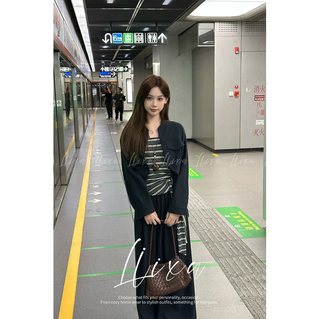 Liixu 2025新款法式气质百搭外套加吊带搭配宽松阔腿长裤三件套女