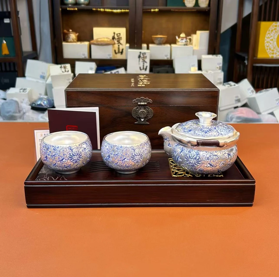 ZH3359-缠枝莲手抓壶一壶两杯配木质礼盒+开窗木茶盘