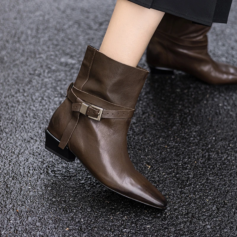 跟高3.5CM/擦色头层牛皮靴子粗跟女靴低跟方头短靴子复古套筒皮靴