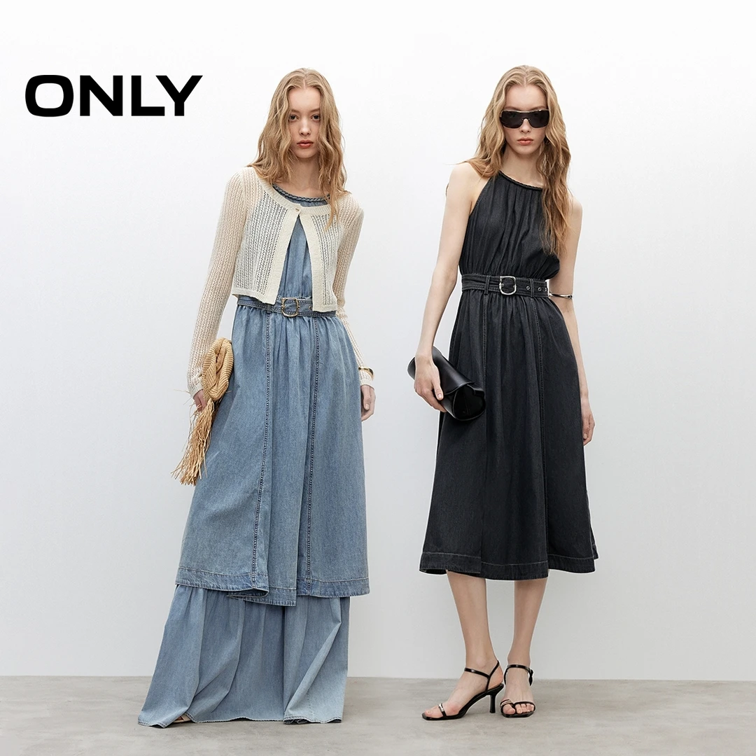 ONLY25春夏气质天丝挂脖立体裁剪牛仔连衣裙微风裙|125242008