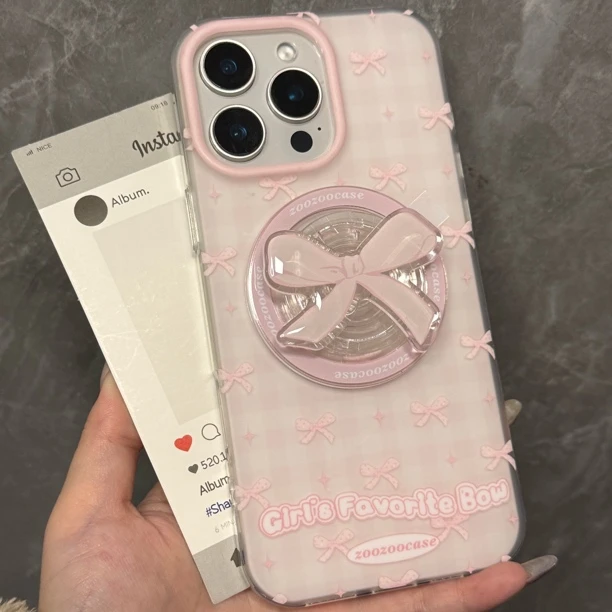 ins风格纹粉色蝴蝶结苹果15promax手机壳少女心可爱磁吸支架