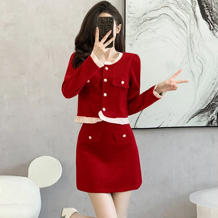 小香风气质时尚裙子套装小个子2025春秋长袖短外套包臀短裙两件套