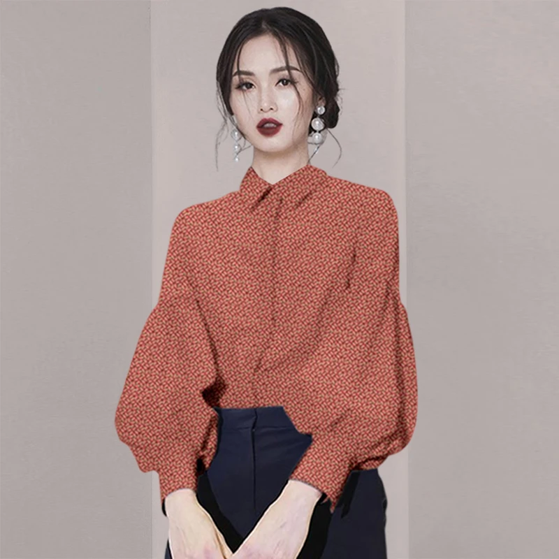 时尚洋气印花灯笼袖衬衫春款2025年新款女装修身显瘦气质衬衣