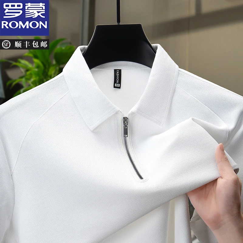 罗蒙2025新款翻领拉链POLO衫男士含桑蚕丝短袖T恤纯色简约打底衫