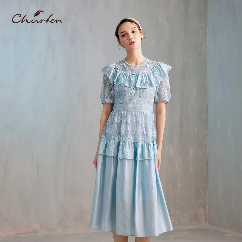 CHARFEN朝峰春夏季新款复古短袖蕾丝连衣裙CFE2F319-3027G