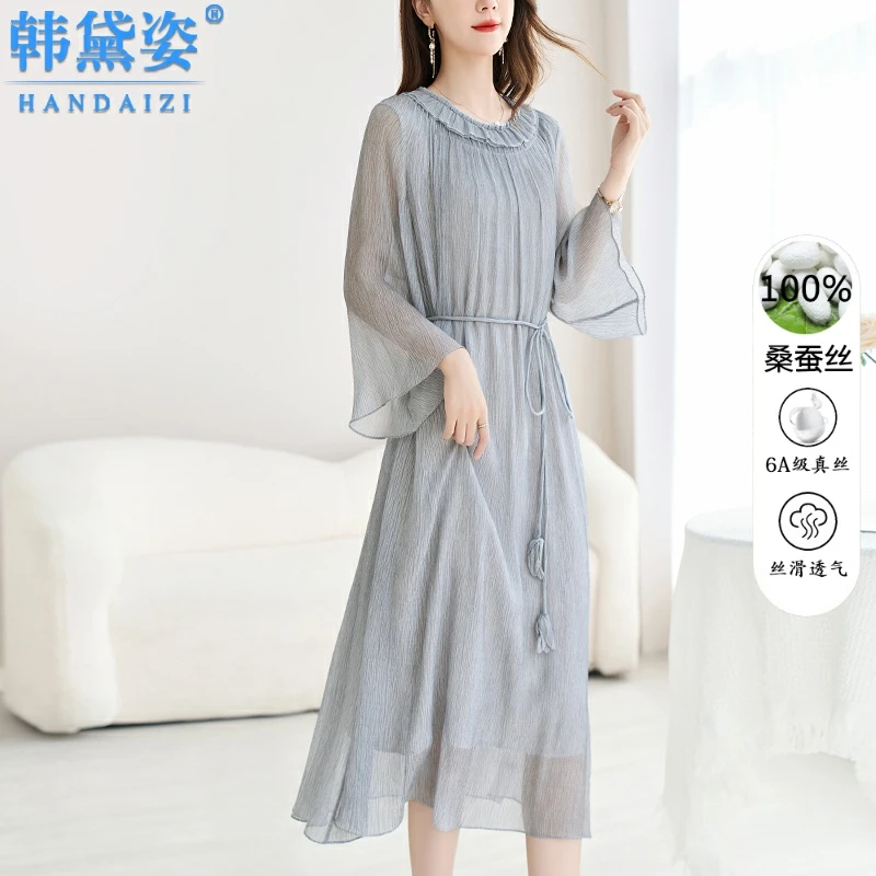杭州时尚八分袖真丝连衣裙女中长款2025年气质纯色桑蚕丝过膝长裙