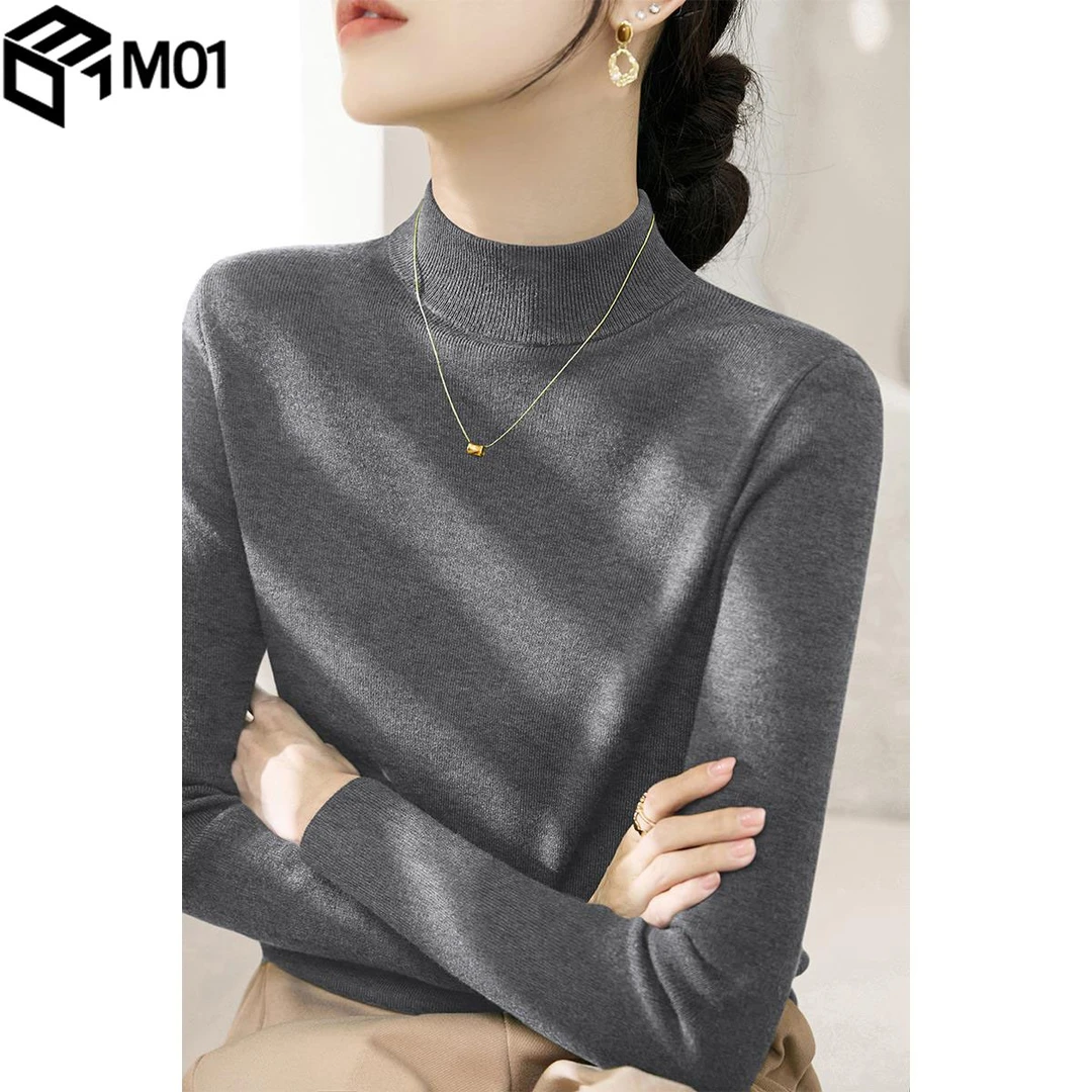 M01灰色半高领针织长袖打底衫2025秋季新款内搭高级感上衣女装