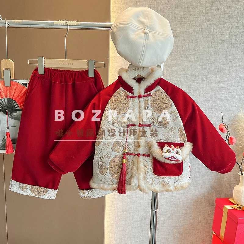 啵小爸【岁岁欢喜】2025冬季新款男童宝宝中式国风喜庆加绒棉服套装