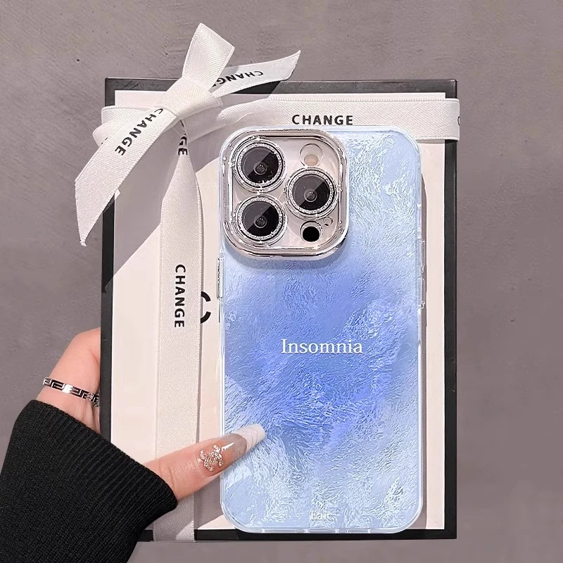 适用苹果16promax手机壳春夏iphone15pro蓝色晕染14por闪粉镜头膜