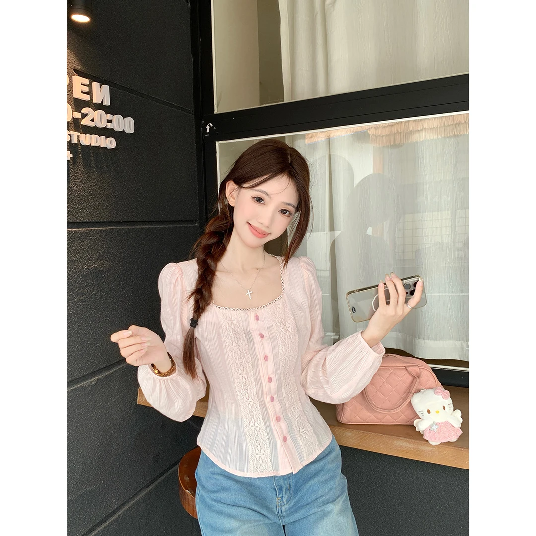 法式复古方领蕾丝拼接长袖衬衫女秋季2025新款独特超好看短款上衣