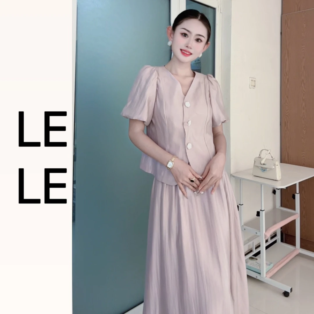 2437夏季新中式国风气质显瘦时尚减龄泡泡袖衬衫+半裙两件套女