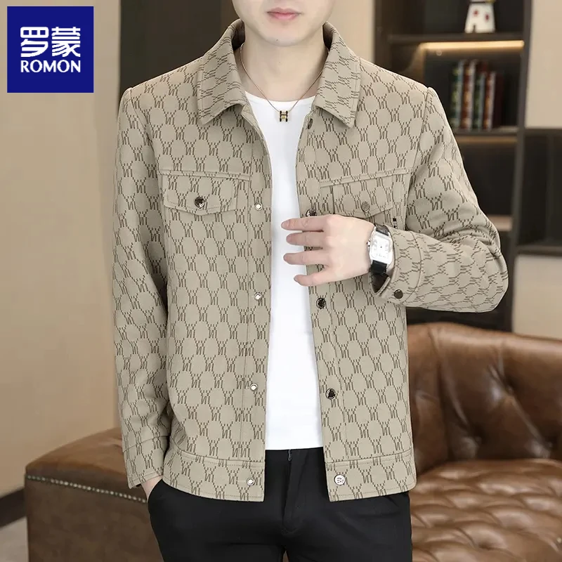 罗蒙男士夹克春秋季新款工装外套潮流行政休闲翻领条纹呢子上衣服