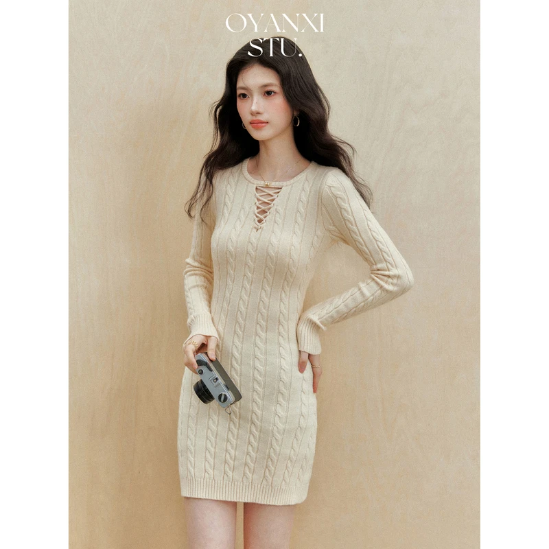【OYANXI!清！】【山茶漫记】春季设计感长袖针织收腰连衣裙258M0135