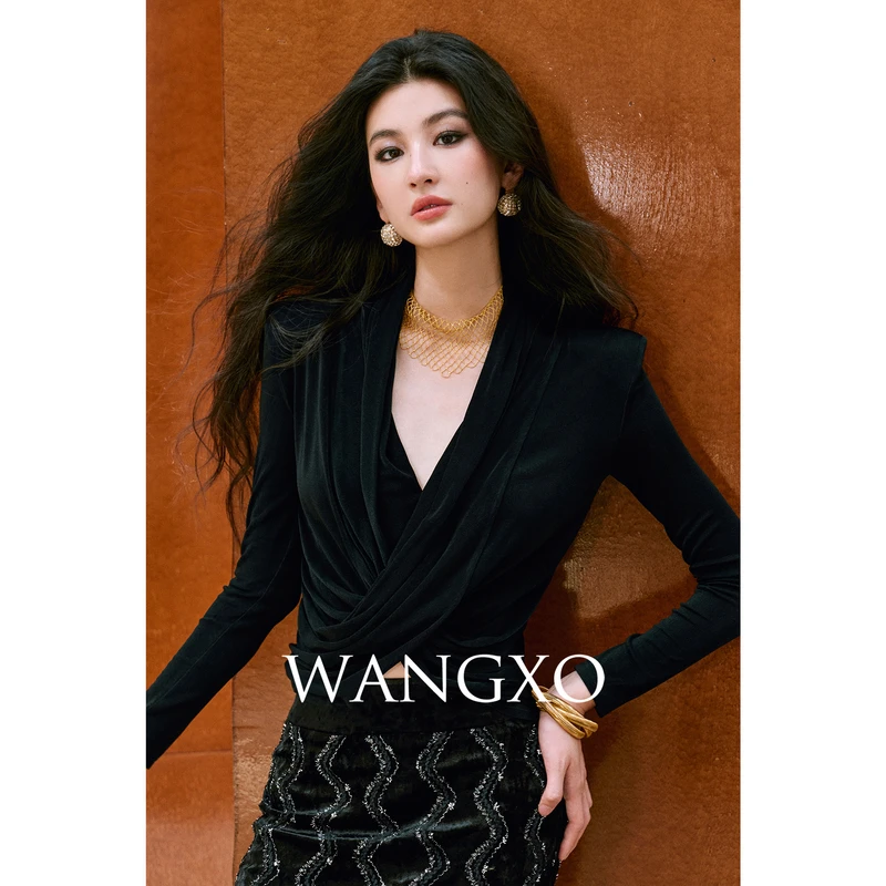 WANGXO 重磅醋酸针织交叉荡领修身上衣253812W