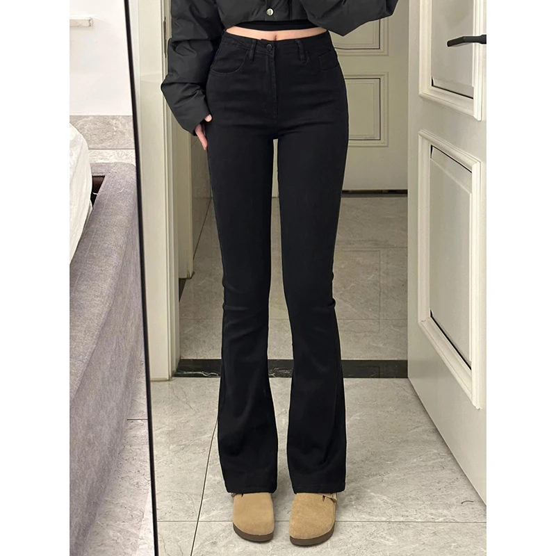 黑色加绒微喇牛仔裤女款爆款2025秋季新款高腰小个子弹力喇叭裤子