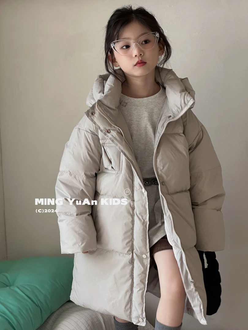 儿童加厚连帽羽绒服冬装男女童保暖长款防风白鸭绒外套女童面包服