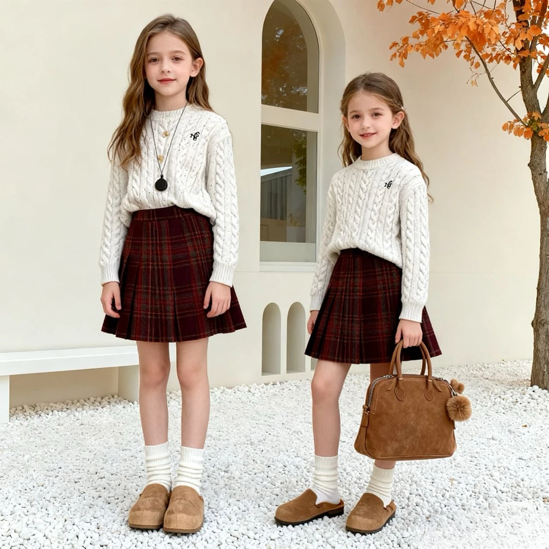 高品质红色格子毛呢裙中大童学院风百褶裙加厚A字半身裙女童短裙