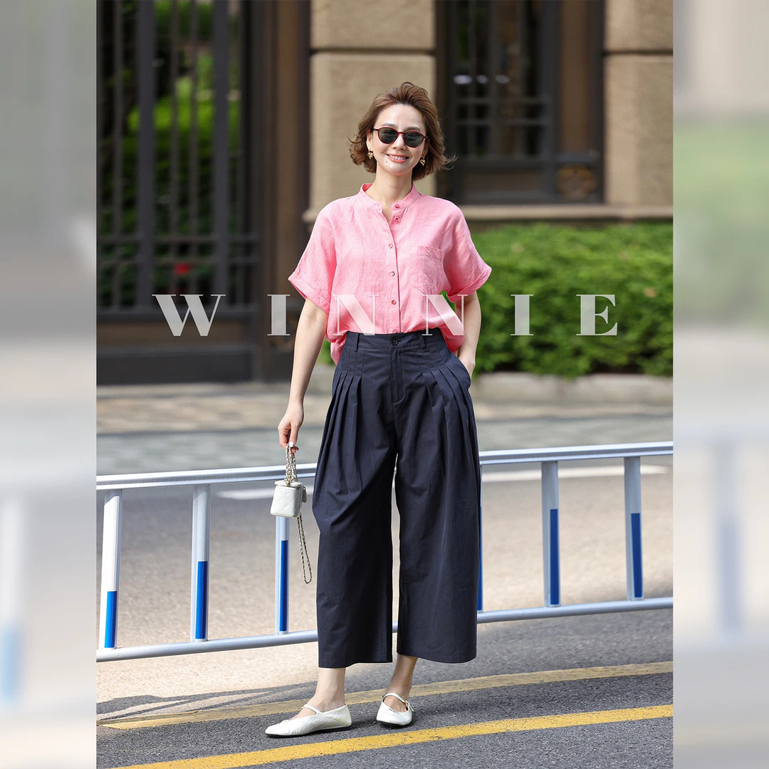 WinnieTang纯棉立体褶裥弧形高腰宽松弯刀裤显瘦休闲百搭九分裤