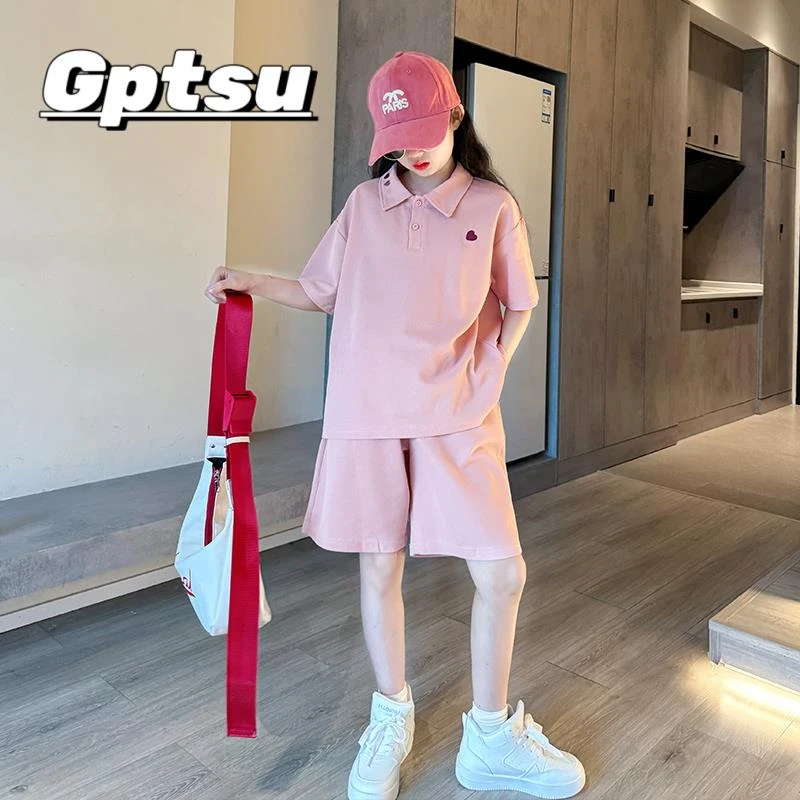 GPTSu女夏套装2025新款儿童学院风短袖t中大童夏季运动短裤两件套