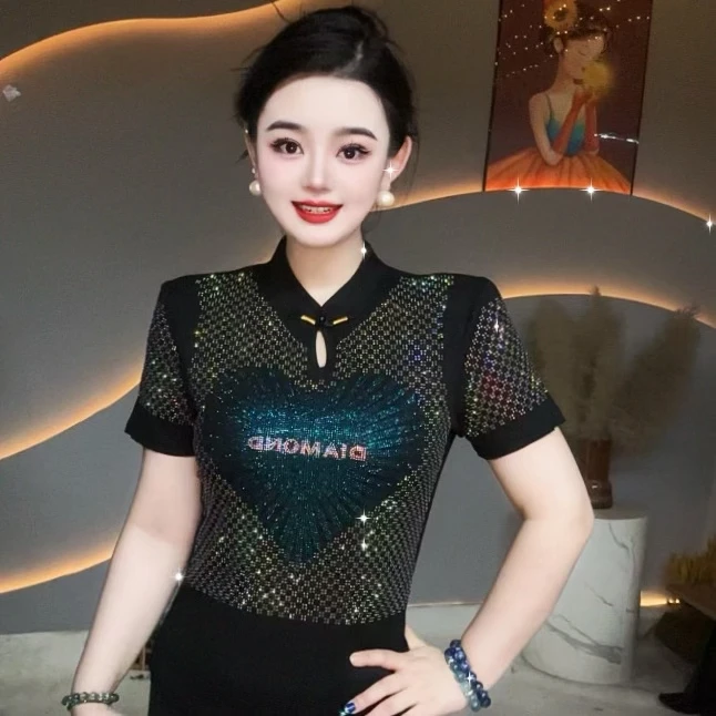 【爱心烫钻】新中式国风旗袍领爆款洋气重工短袖打底衫女3133