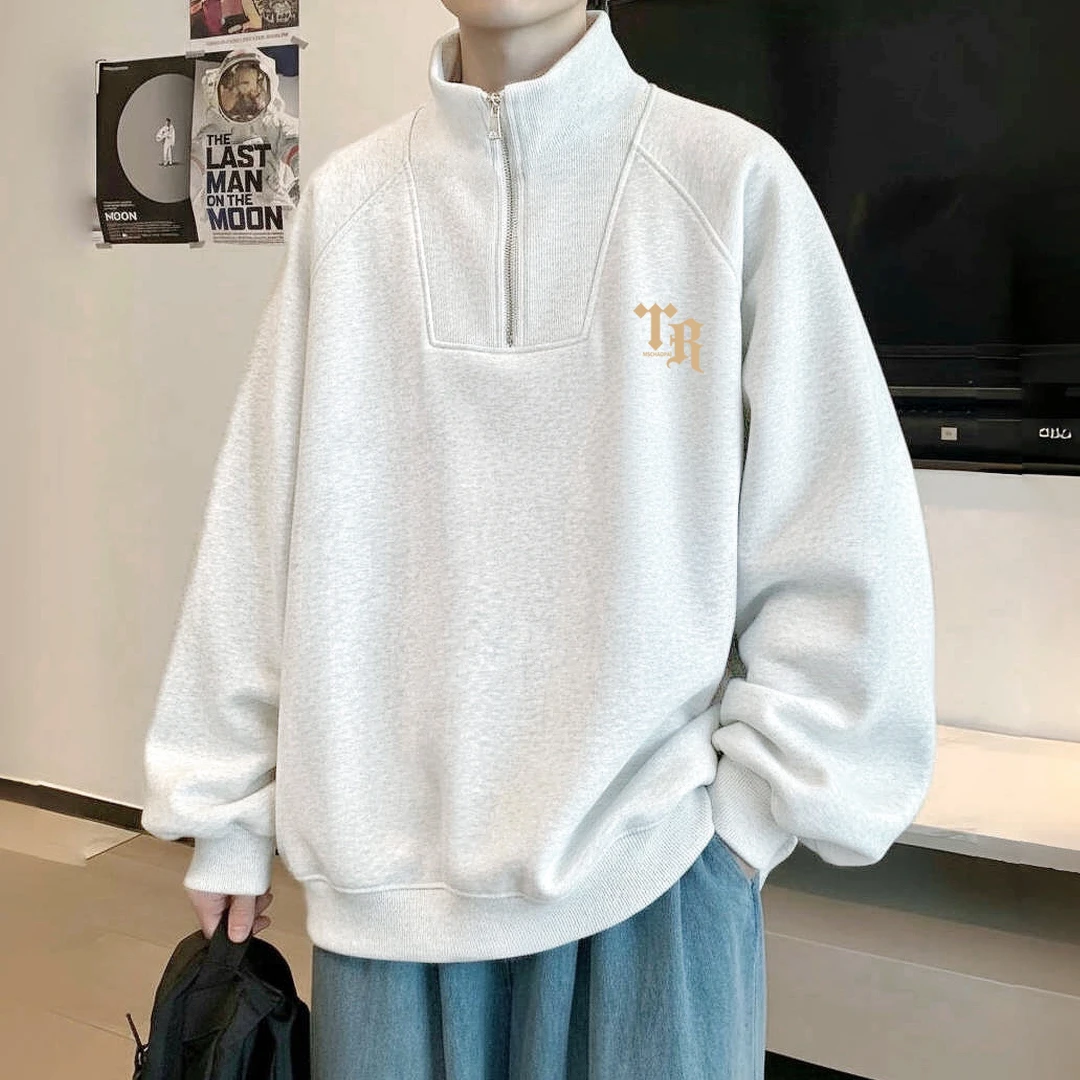 潮牌美式polo翻领半拉链卫衣男生春秋宽松大码长袖上衣外套学院风