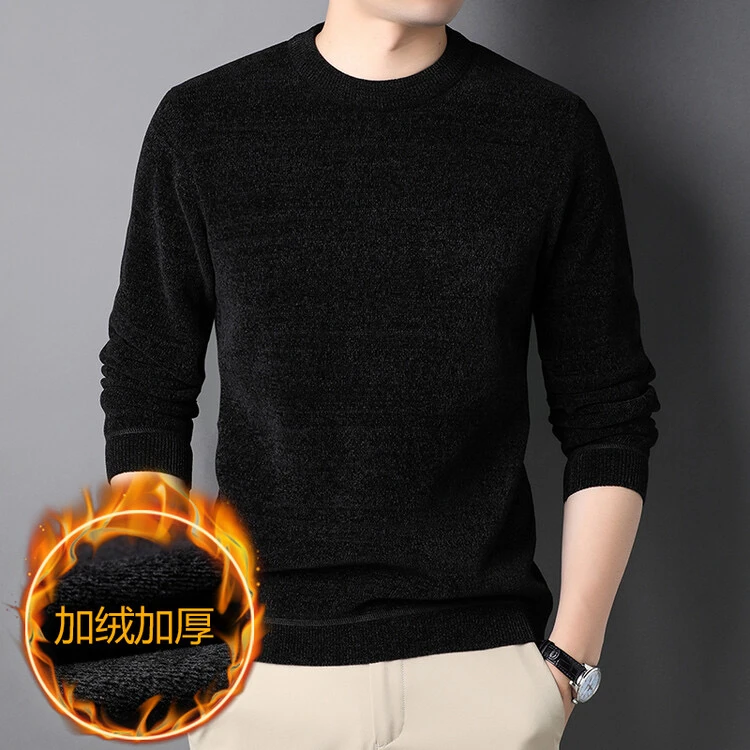 出口外贸尾货2025冬季男士保暖加绒加厚针织衫百搭圆领加绒毛衣