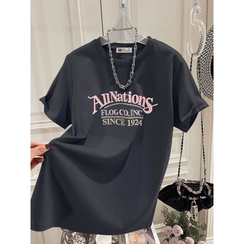 美式字母t恤女短袖纯棉2025新款夏季休闲宽松设计感中长款上衣潮