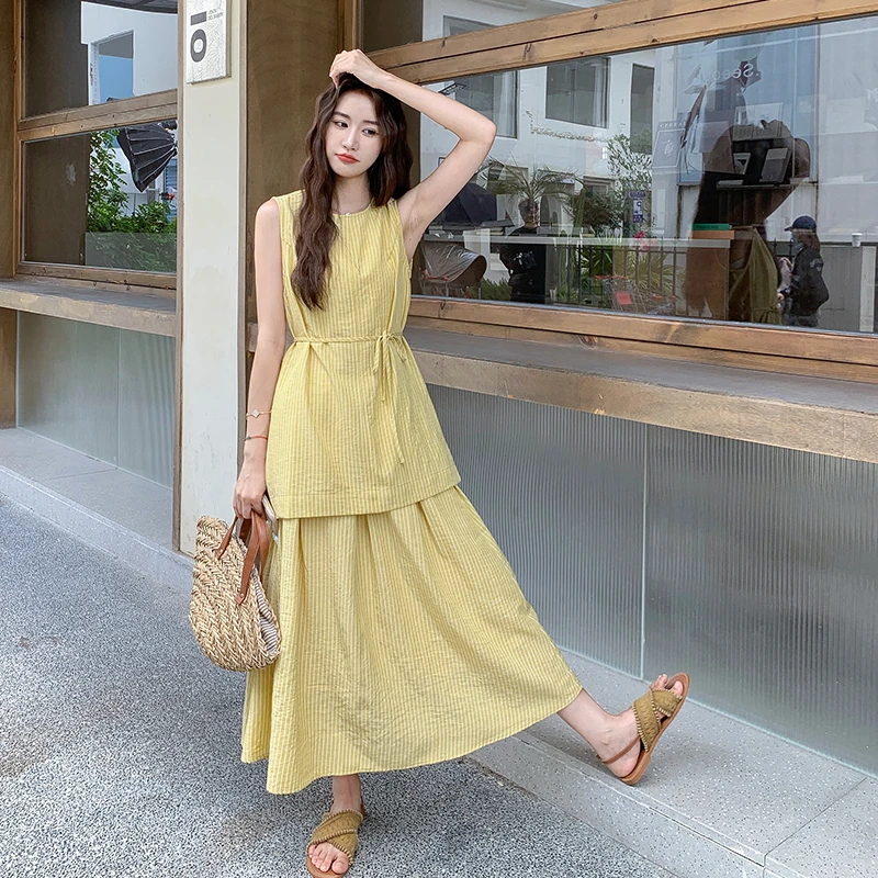 大方得体收腰时尚套装裙女2025夏季新款设无袖上衣半身裙两件套