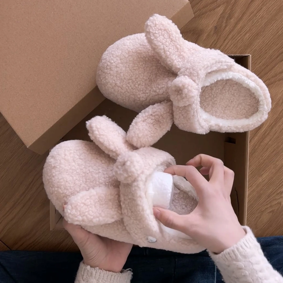 软萌可爱兔耳朵包头棉拖鞋女外穿2025新款秋冬季百搭保暖毛毛拖鞋