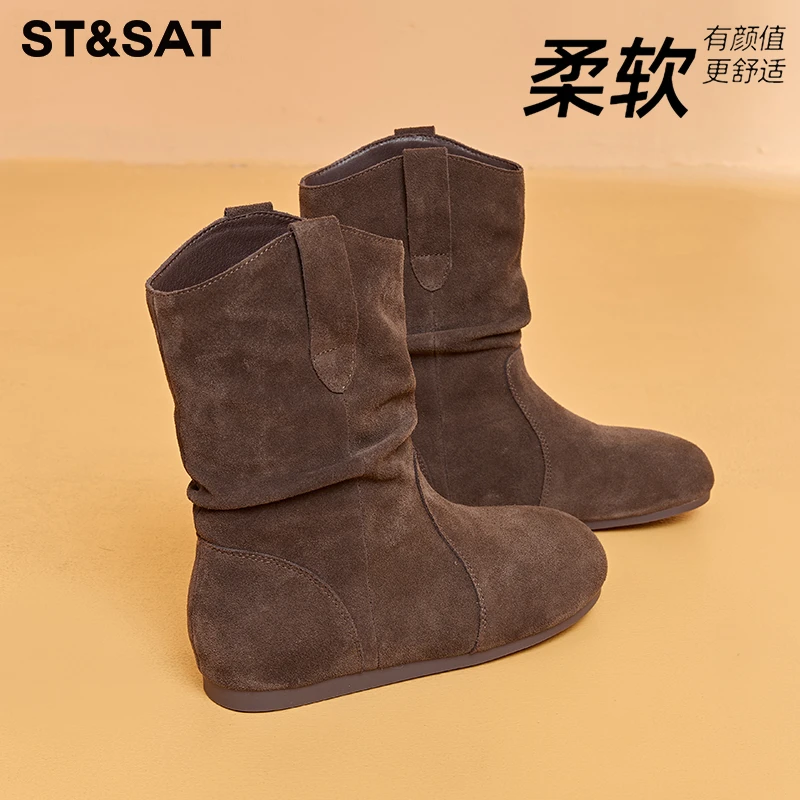 星期六真皮复古勃肯短靴女2025秋季新款慵懒风美拉德堆堆靴松果靴
