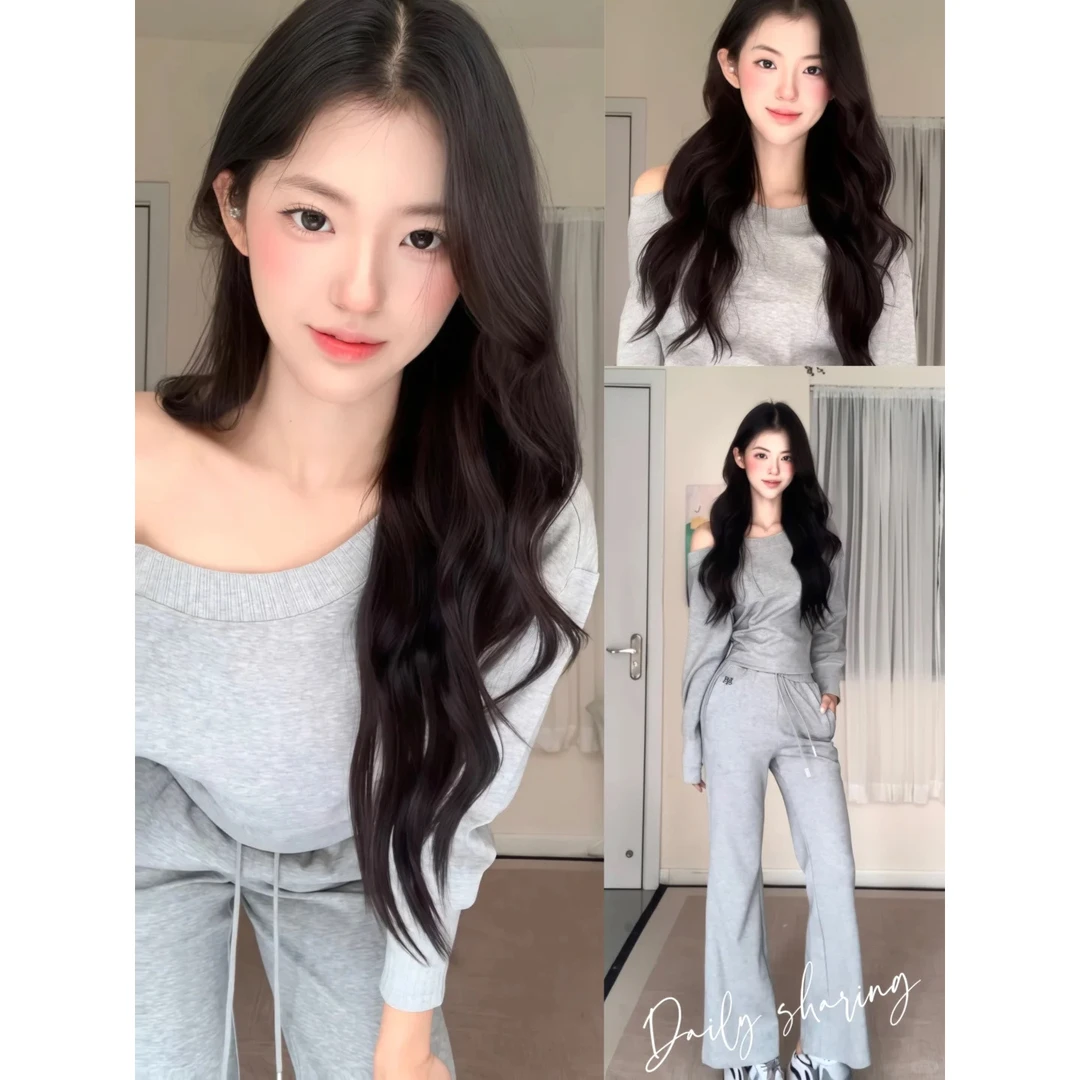 韩系慵懒松弛感春秋穿搭斜肩一字肩卫衣长袖上衣直筒休闲阔腿卫裤