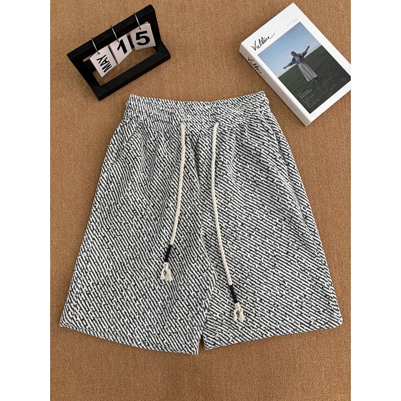 小香风针织短裤男夏季薄款黑白斑马纹裤子潮牌宽松休闲五分大裤衩
