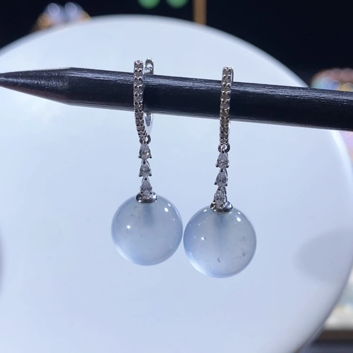 翡翠18K金镶嵌吊坠(不含链)翡翠高冰蓝珠耳环