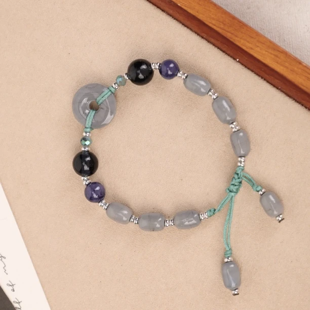 合金手链 LZ2690-1 莫兰迪浅灰色平安扣绳编琉璃手串