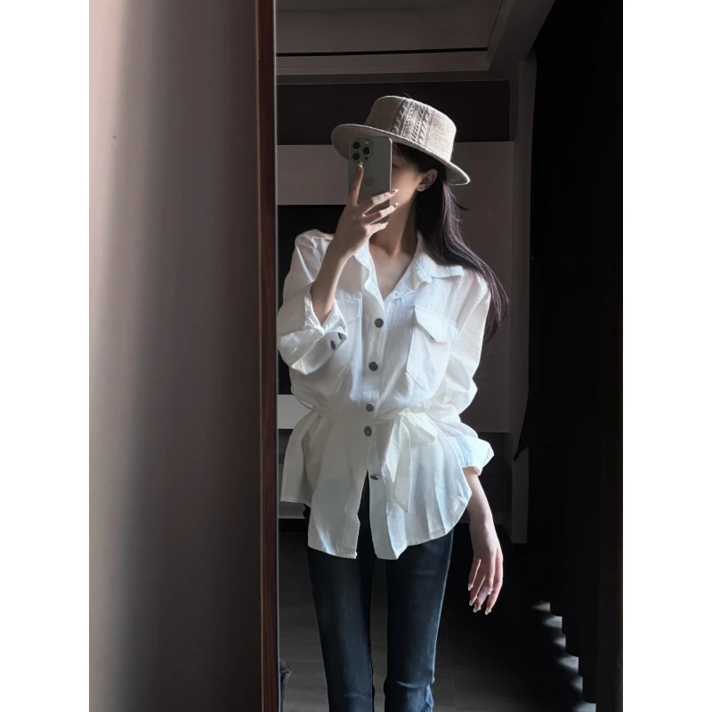 气质套装白色polo领衬衫薄款防晒衬衣女装秋季复古牛仔长裤两件套